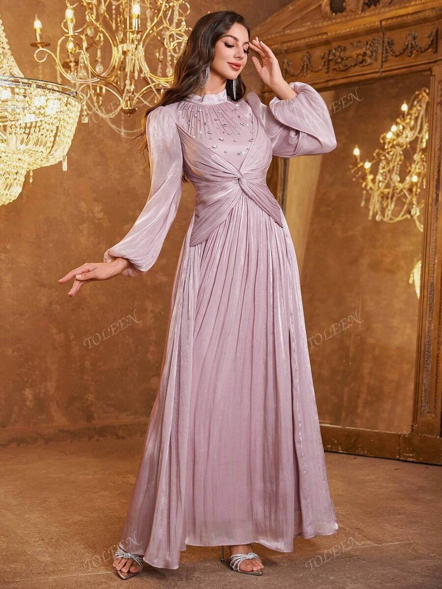 SHEIN TOLEEN فستان وردي مغبر طويل بستايل أنيق وأكمام فانوس مزينة بالراين