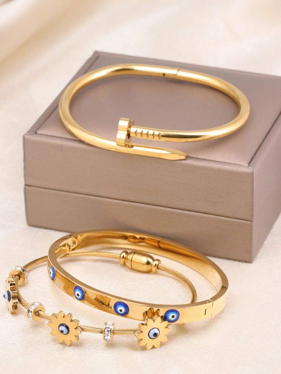 SHEIN  أساور سلسلة بعين زرقاء وحجر لامع  من الفولاذ المقاوم للصدأ