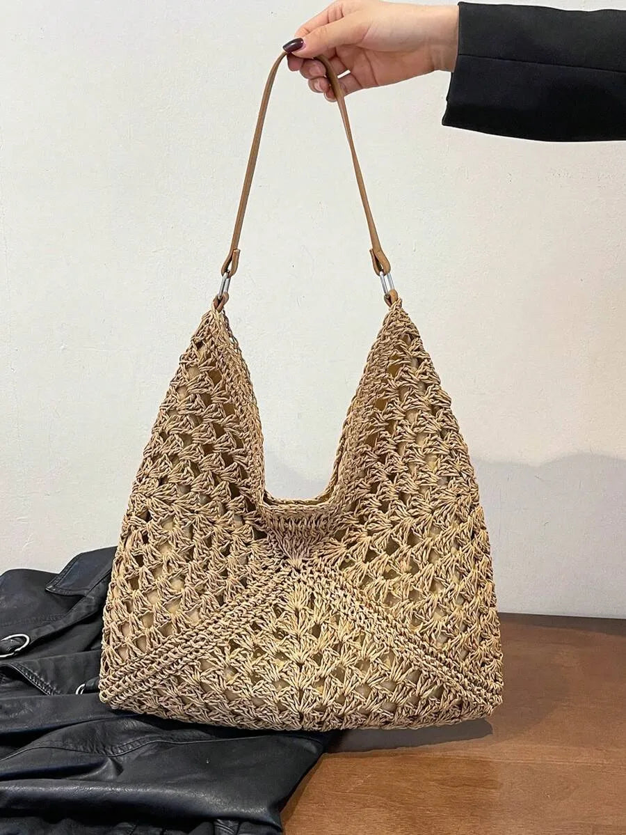 SHEIN حقيبة كتف نسائية من القش المنسوج بسعة كبيرة لعطلة الشاطئ من الرافيا