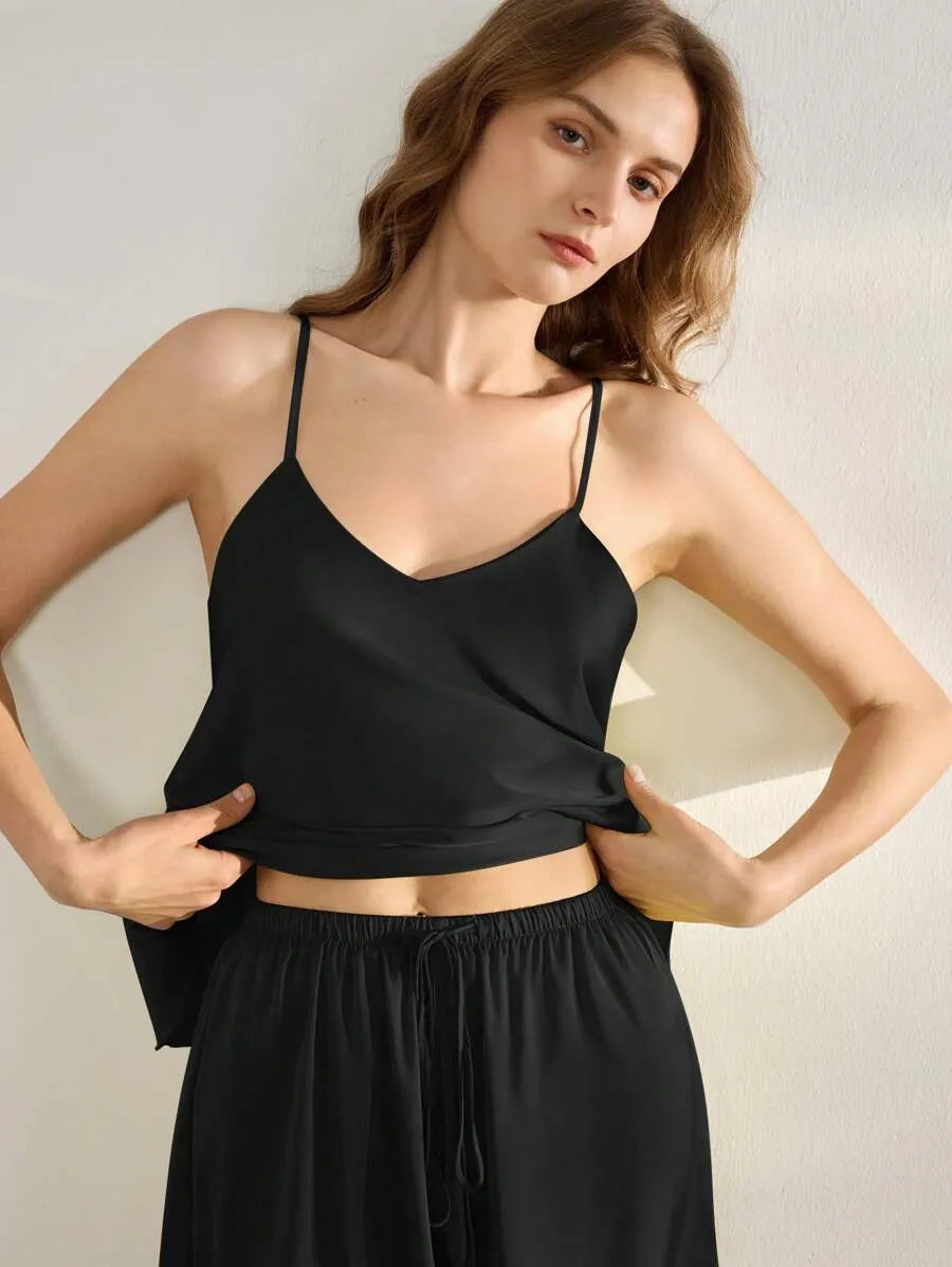 SHEIN Ocili طقم بيجامة قطعتين توب قصير وبنطلون طويل بلون أسود