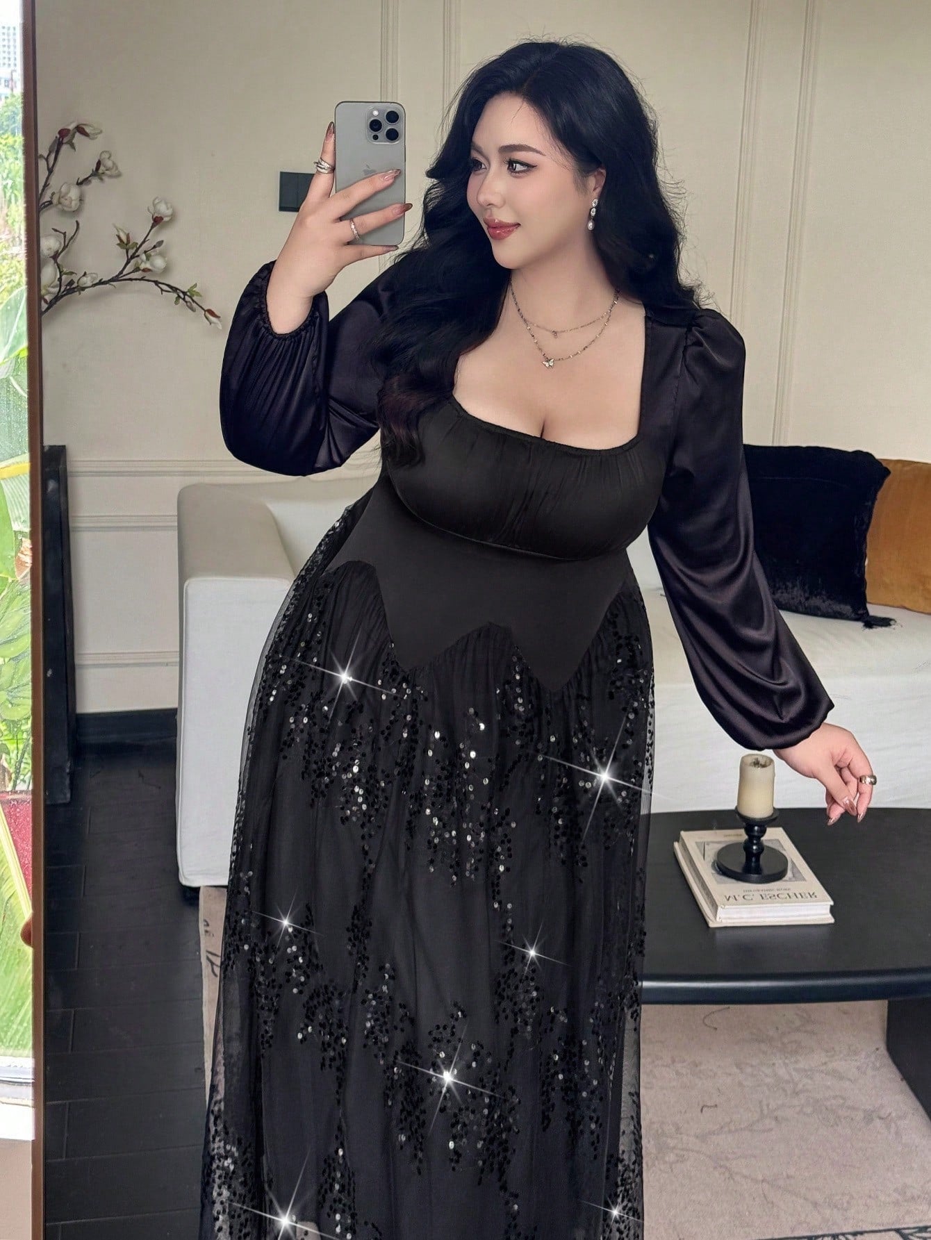 SHEIN Flirla فستان شيفون ماكسي ترتر بأكمام طويلة