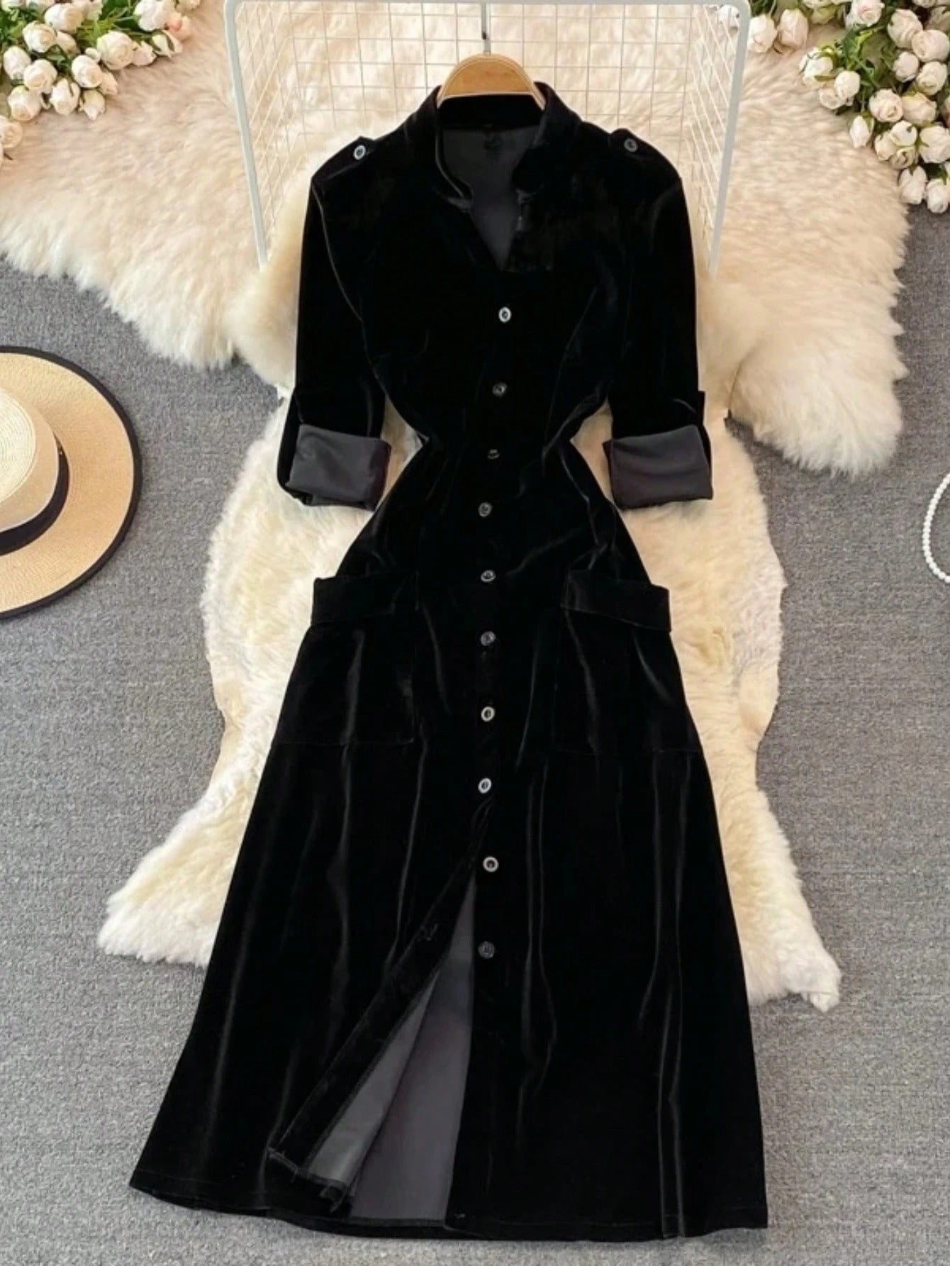 SHEIN فستان كارديجان مخمل بأحادي الصدر وجيب خصر خريف/شتاء