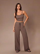 SHEIN Lazeform طقم ملابس منزلية 3 قطع بتوب قصير بحمالات رفيعة وكارديجان بأزرار أمامية وبنطال طويل بلون بني