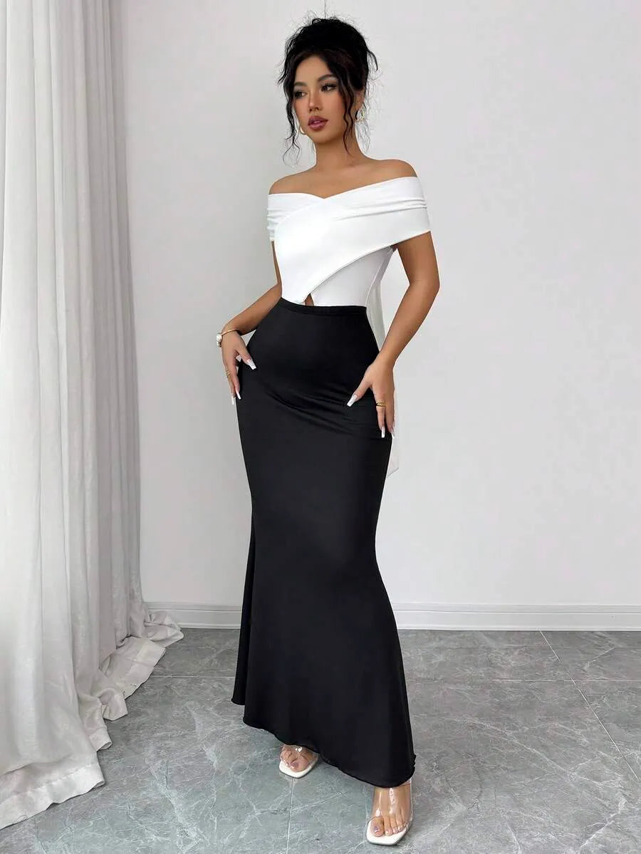 SHEIN Rafferiza فستان ماكسي أسود وأبيض ضيق أنيق