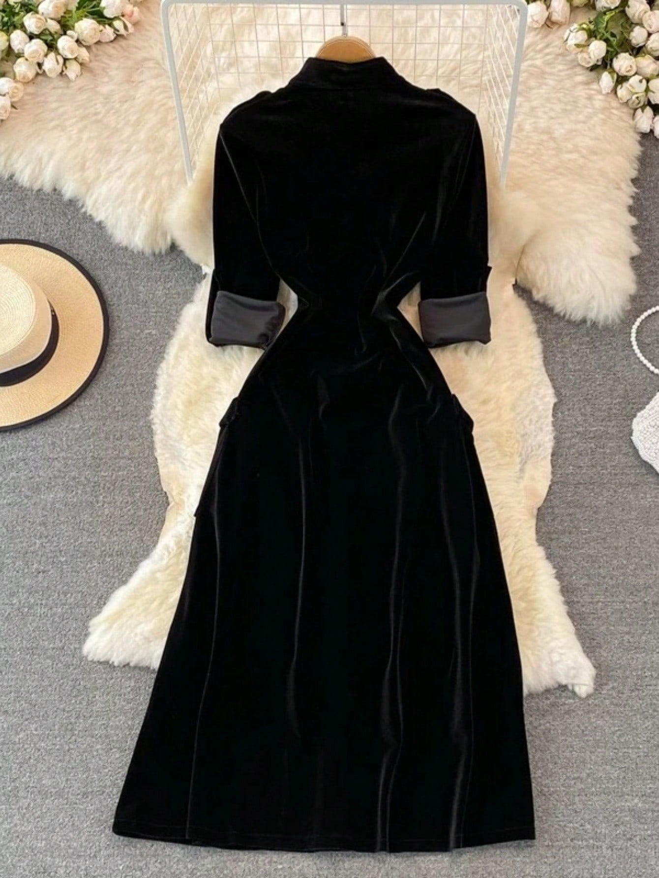 SHEIN فستان كارديجان مخمل بأحادي الصدر وجيب خصر خريف/شتاء