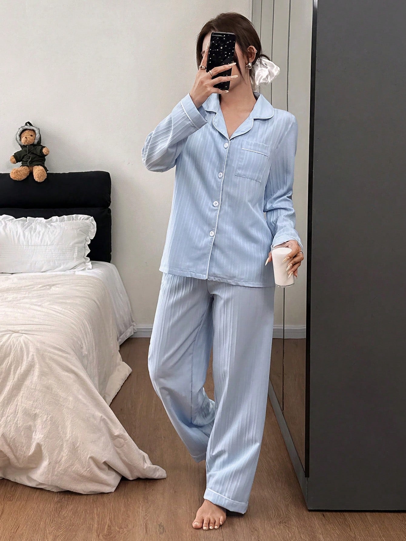 SHEIN Snug Zone طقم بيجامة نسائي علوية بأكمام طويلة وبنطلون مريح