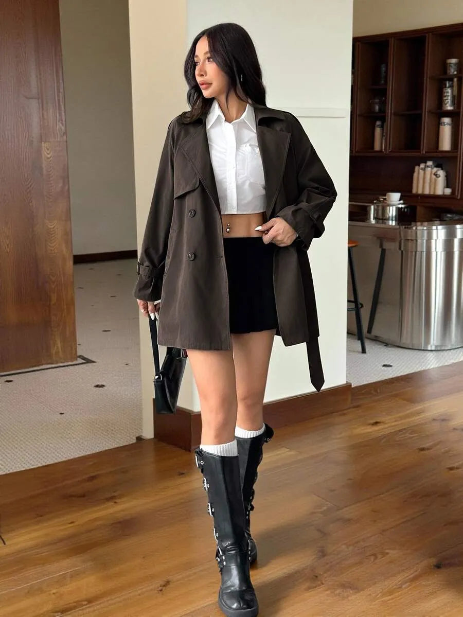 SHEIN EZwear معطف ترنش نسائي متوسط الطول مزدوج الأزرار