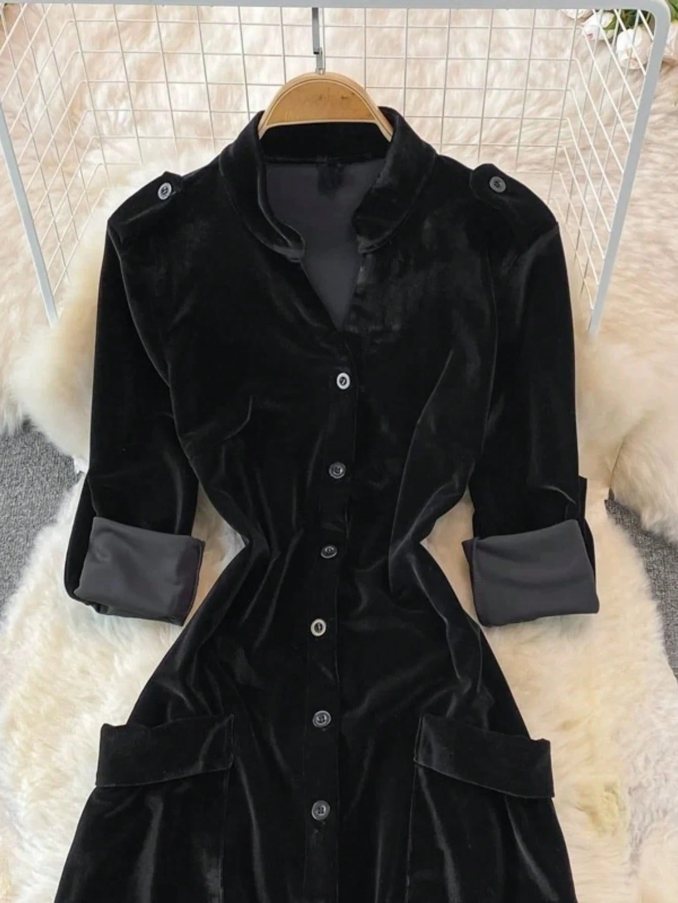 SHEIN فستان كارديجان مخمل بأحادي الصدر وجيب خصر خريف/شتاء