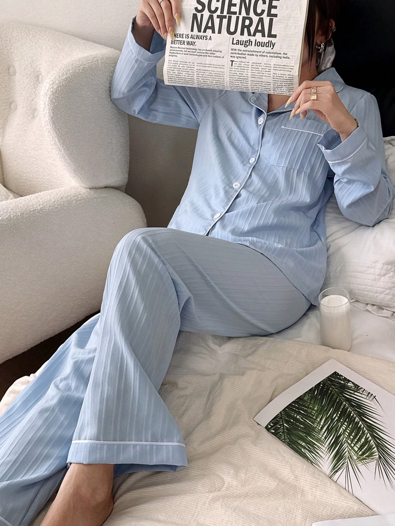 SHEIN Snug Zone طقم بيجامة نسائي علوية بأكمام طويلة وبنطلون مريح