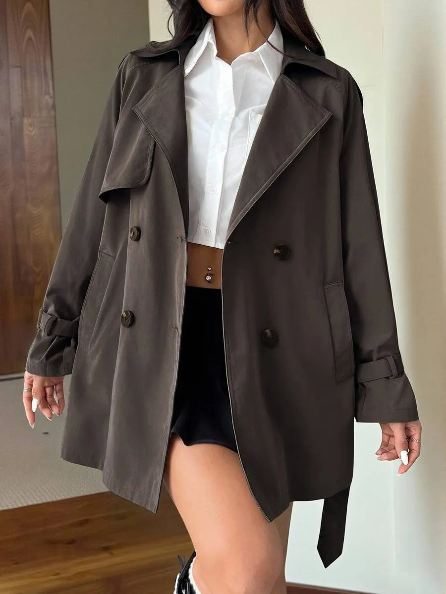SHEIN EZwear معطف ترنش نسائي متوسط الطول مزدوج الأزرار