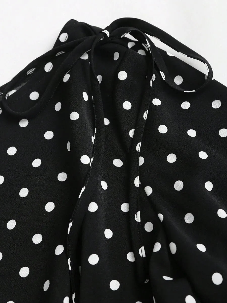 SHEIN Sweetra بلوزة نسائية فرنسية أنيقة بنقشة بنقاط وعقدة كتف وأكمام جرس