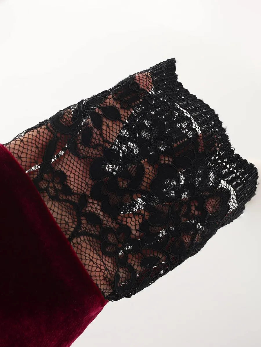 SHEIN LUMIGAL فستان مخملي طويل بياقة وتطريز دانتيل أسود بلون عنابي