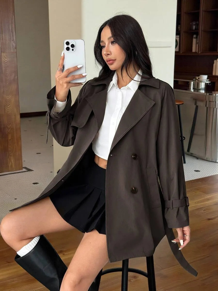 SHEIN EZwear معطف ترنش نسائي متوسط الطول مزدوج الأزرار