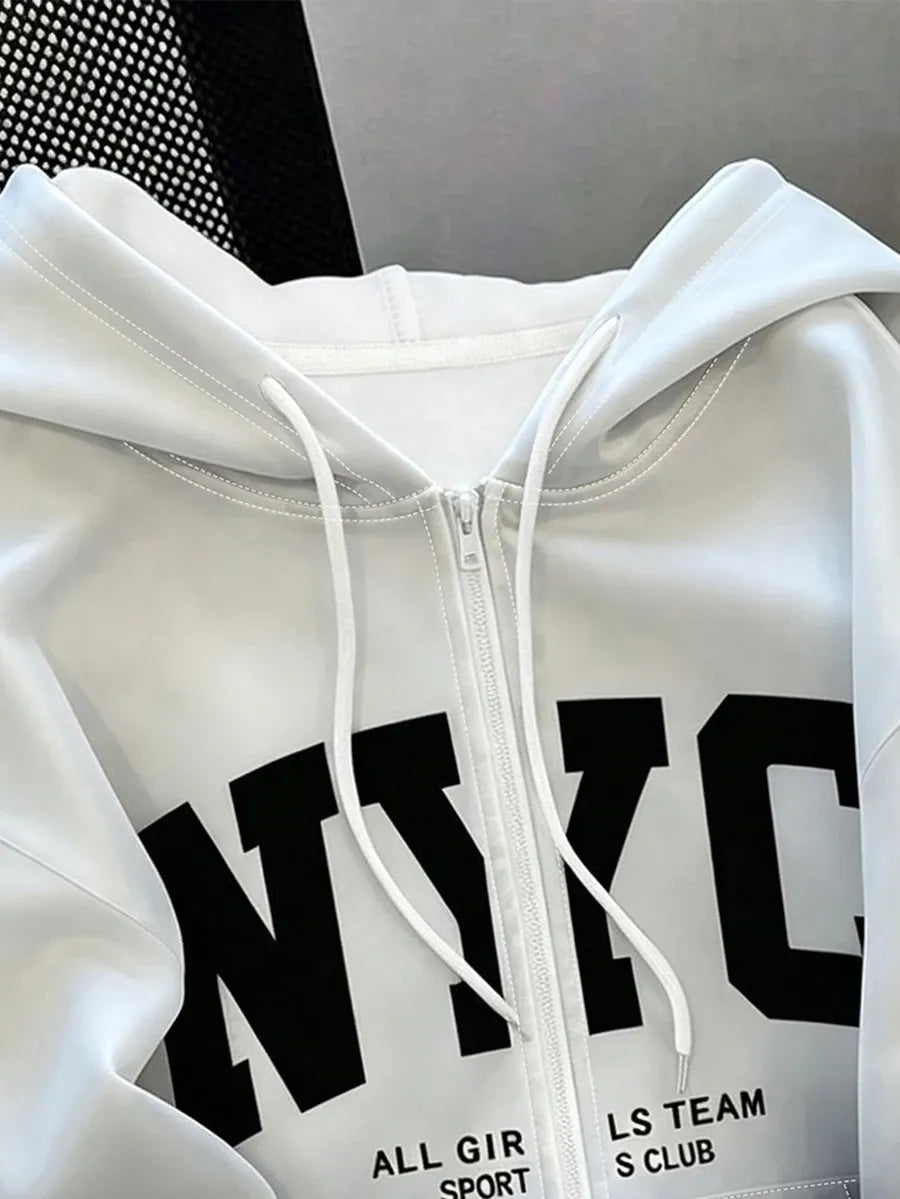 SHEIN Resyla هودي نسائي فضفاض بطبعة جرافيك وحروف وسحاب وجيب متعدد الألوان