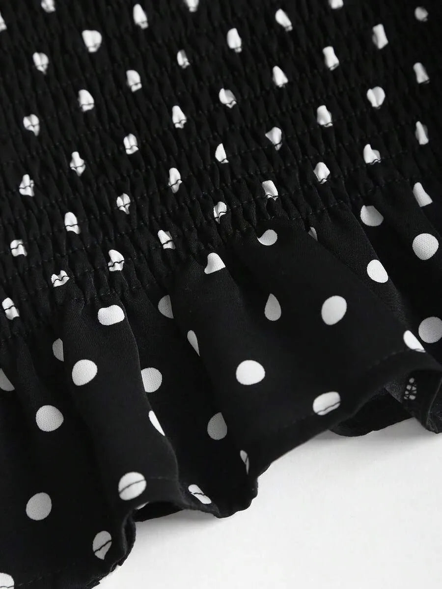 SHEIN Sweetra بلوزة نسائية فرنسية أنيقة بنقشة بنقاط وعقدة كتف وأكمام جرس