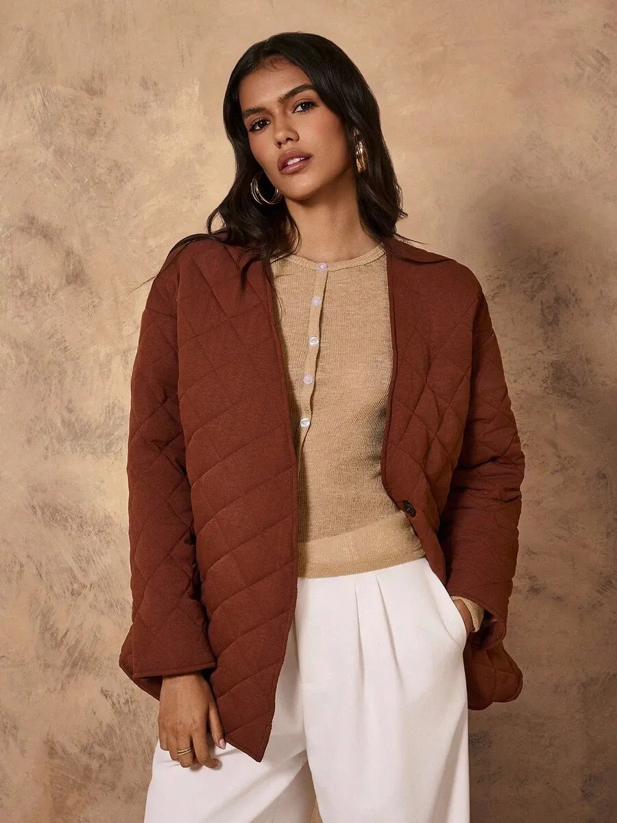 SHEIN Chiquease معطف مبطن بياقة وحزام خصر ونقشة معينات بلون بني