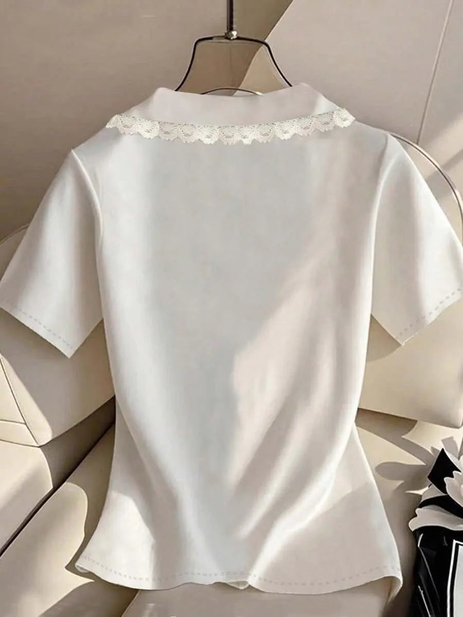 SHEIN INAWLY بلوزة نسائية بأزرار أمامية وياقة كارديجان وحواف مكشكشة بلون أبيض