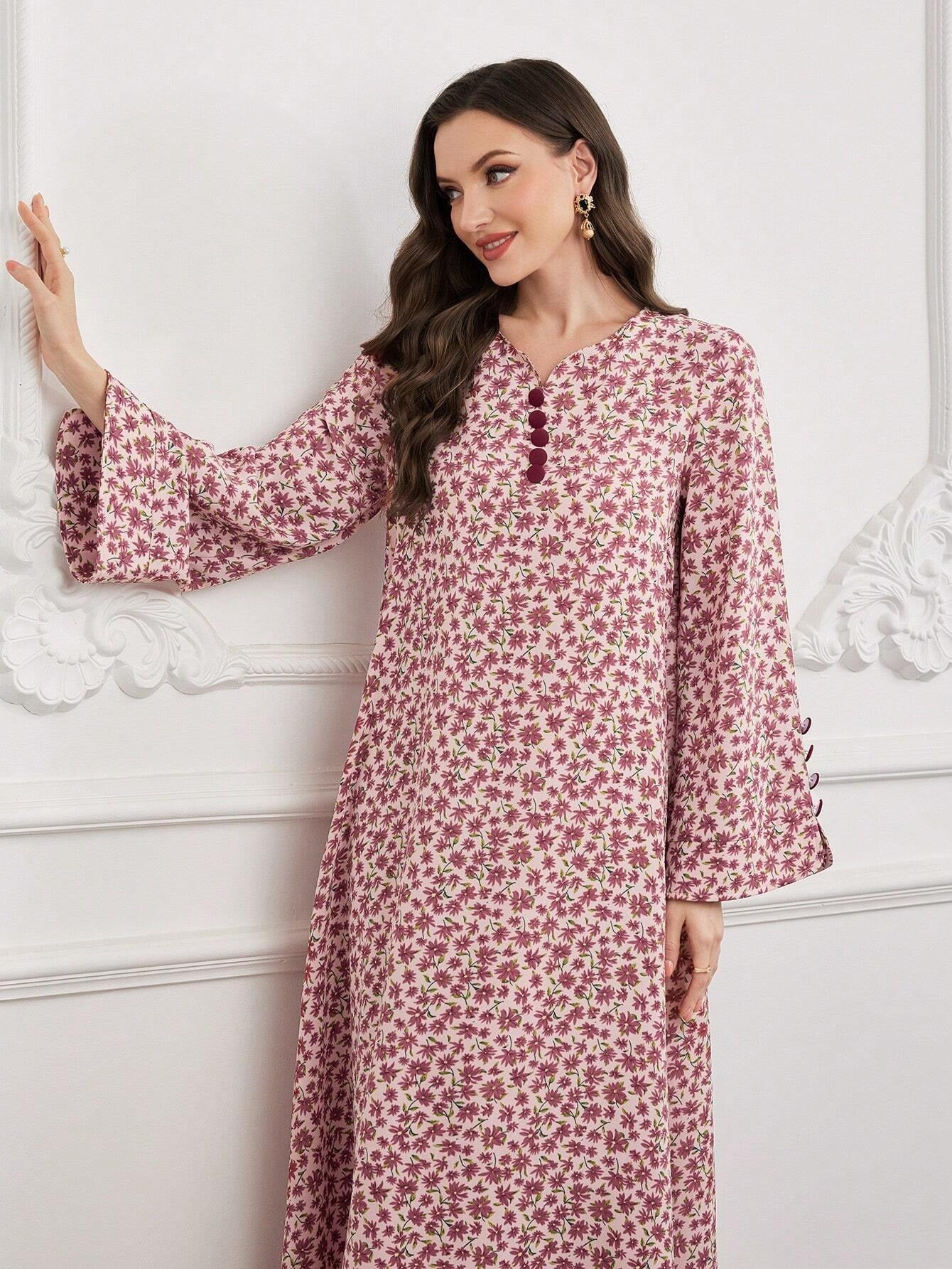 SHEIN Al Najma فستان بطبعات زهور وأكمام جرس وياقة مخدودة