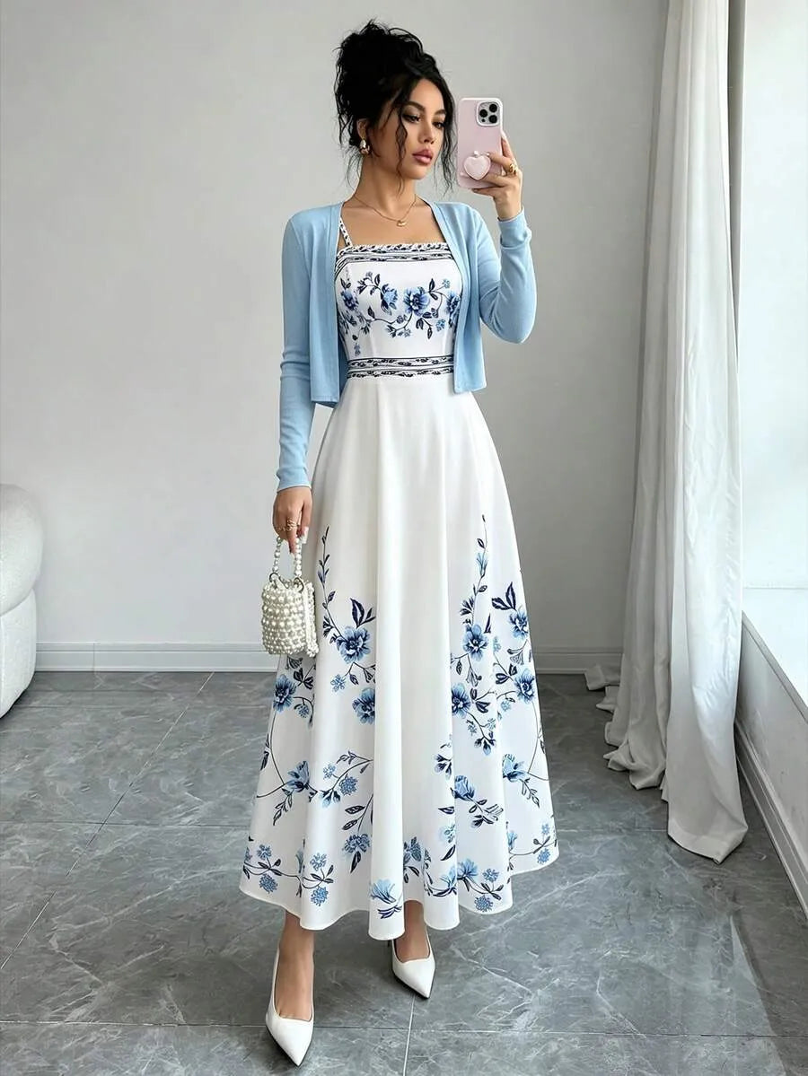 SHEIN طقم فستان زهري بخصر مشدود مع كارديجان محبوك بلون الأزرق