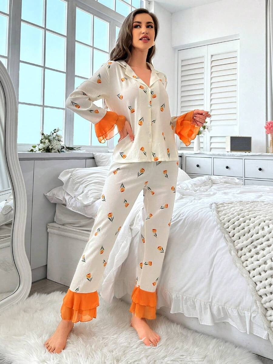 SHEIN CottageSlumber طقم بيجاما  بطبعات زهرية وتفاصيل مكشكشة