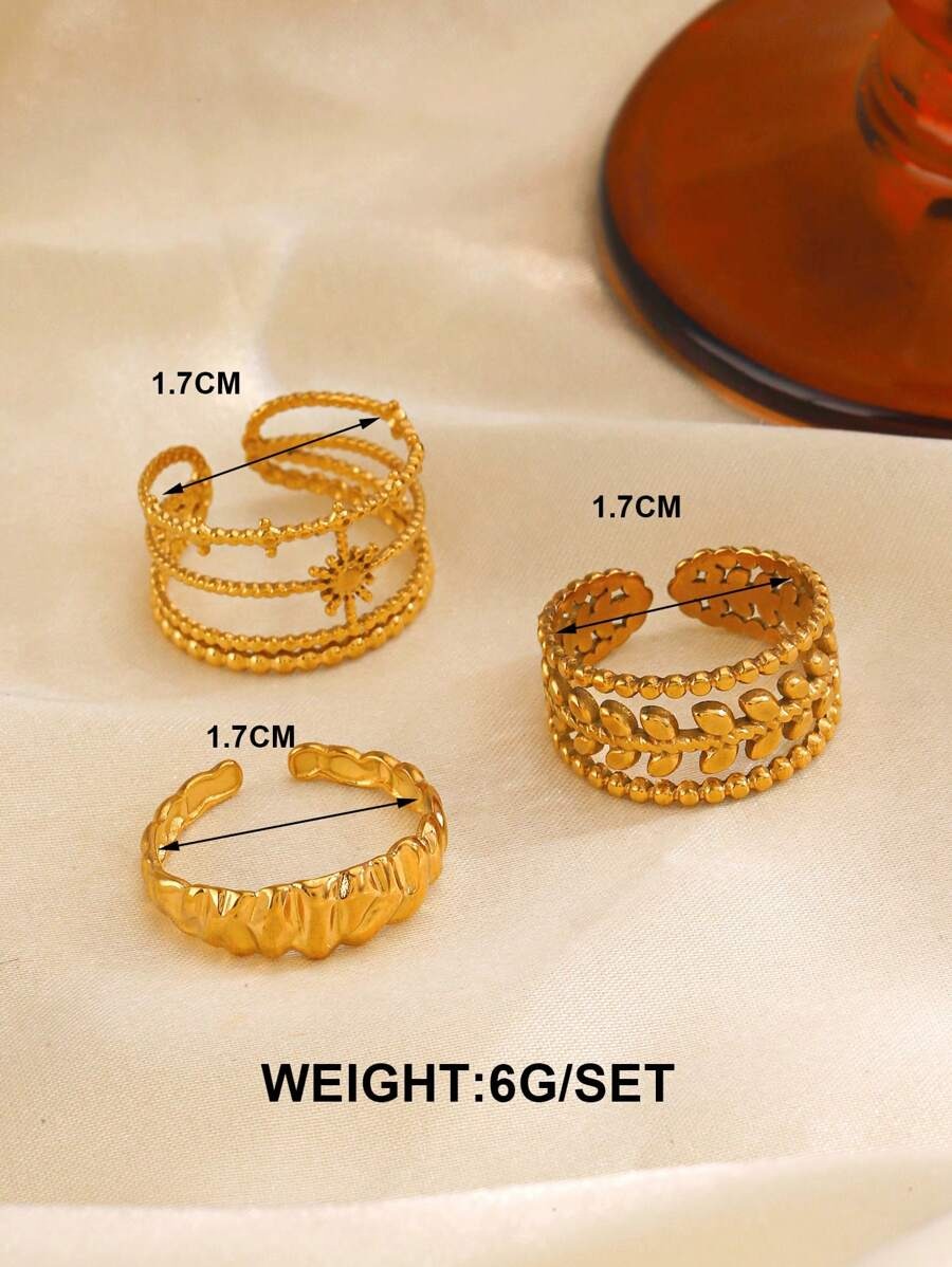 SHEIN 18K طقم 3 خواتم مفتوحة بشكل ورقة مطلية ذهب