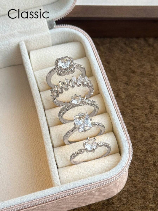 SHEIN مجموعة 5 خواتم بلون فضي مع زركونيا مكعبة