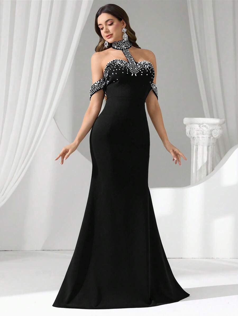 SHEIN COUTIVA فستان سهرة أسود طويل أنيق بستايل حورية البحر