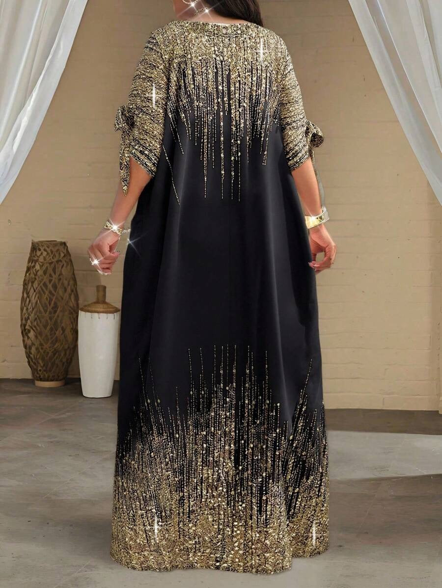 SHEIN فستان أسود فضفاض بنص كم ولمعة ناعمة