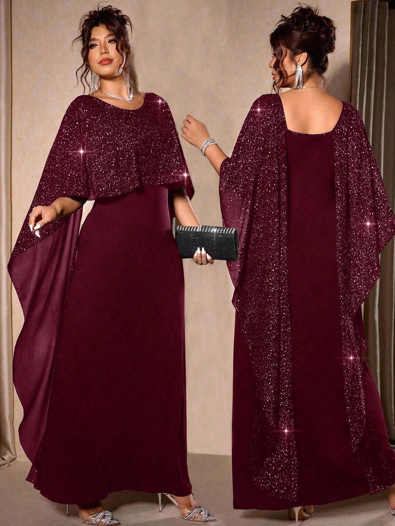 SHEIN Cravure فستان حفلة شيفون لامع بياقة دائرية مقاسات كبيرة