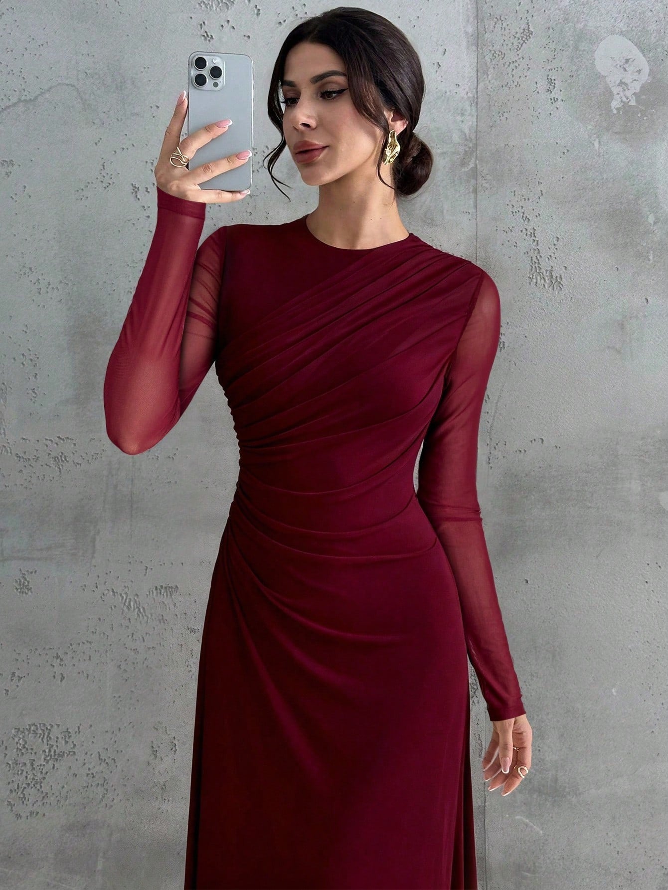 SHEIN Firerie فستان ماكسي عنابي بأكمام طويلة وياقة مستديرة
