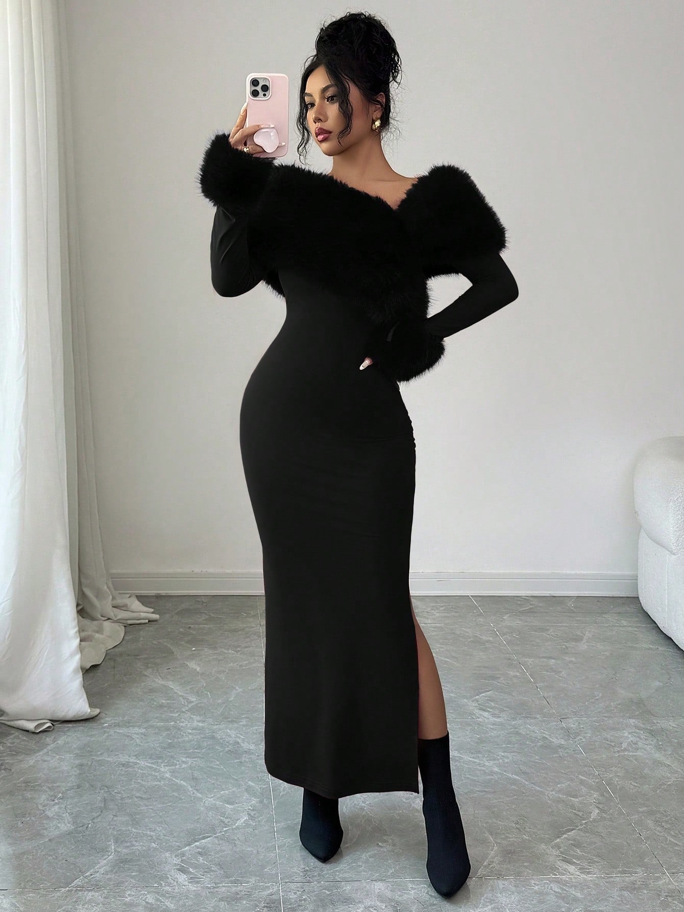 SHEIN Modelyn فستان أسود طويل شتوي بياقة فرو وكتف مكشوف