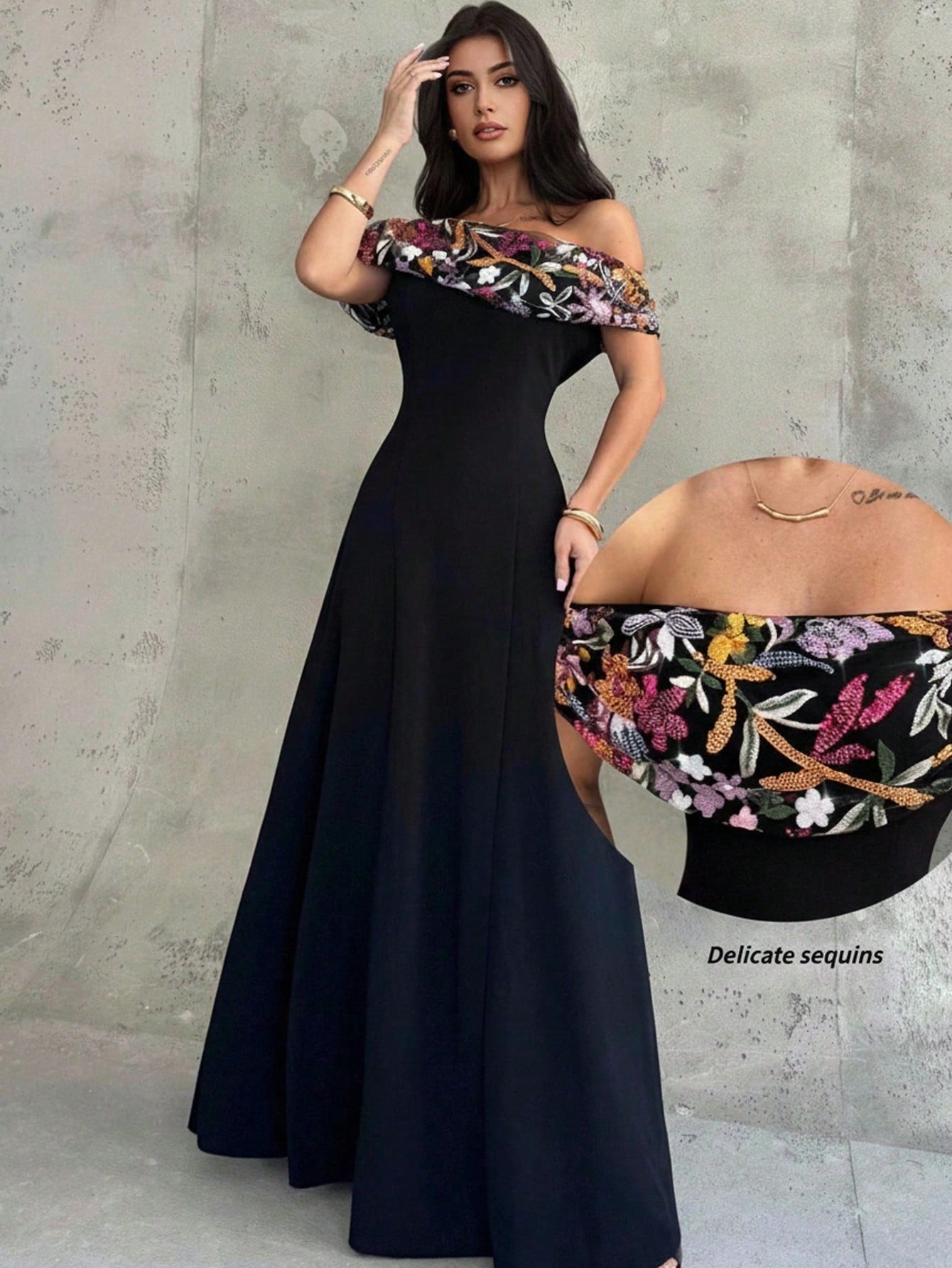 SHEIN Aloruh فستان أسود فاخر بأكتاف مكشوفة مزين بالترتر والزهور