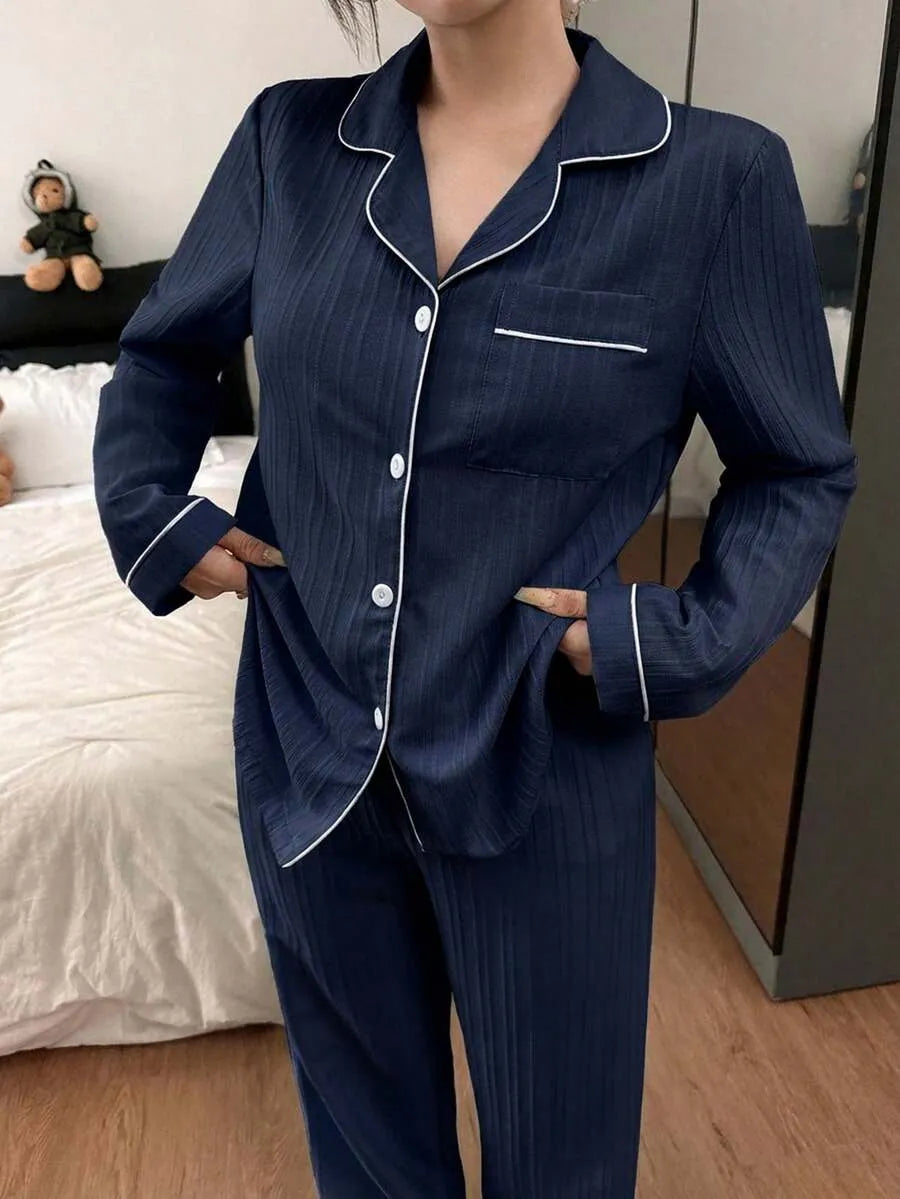 SHEIN Dream Adore طقم بيجامة قطعتين كارديجان وبنطلون طويل أمامية بلون أزرق بحر