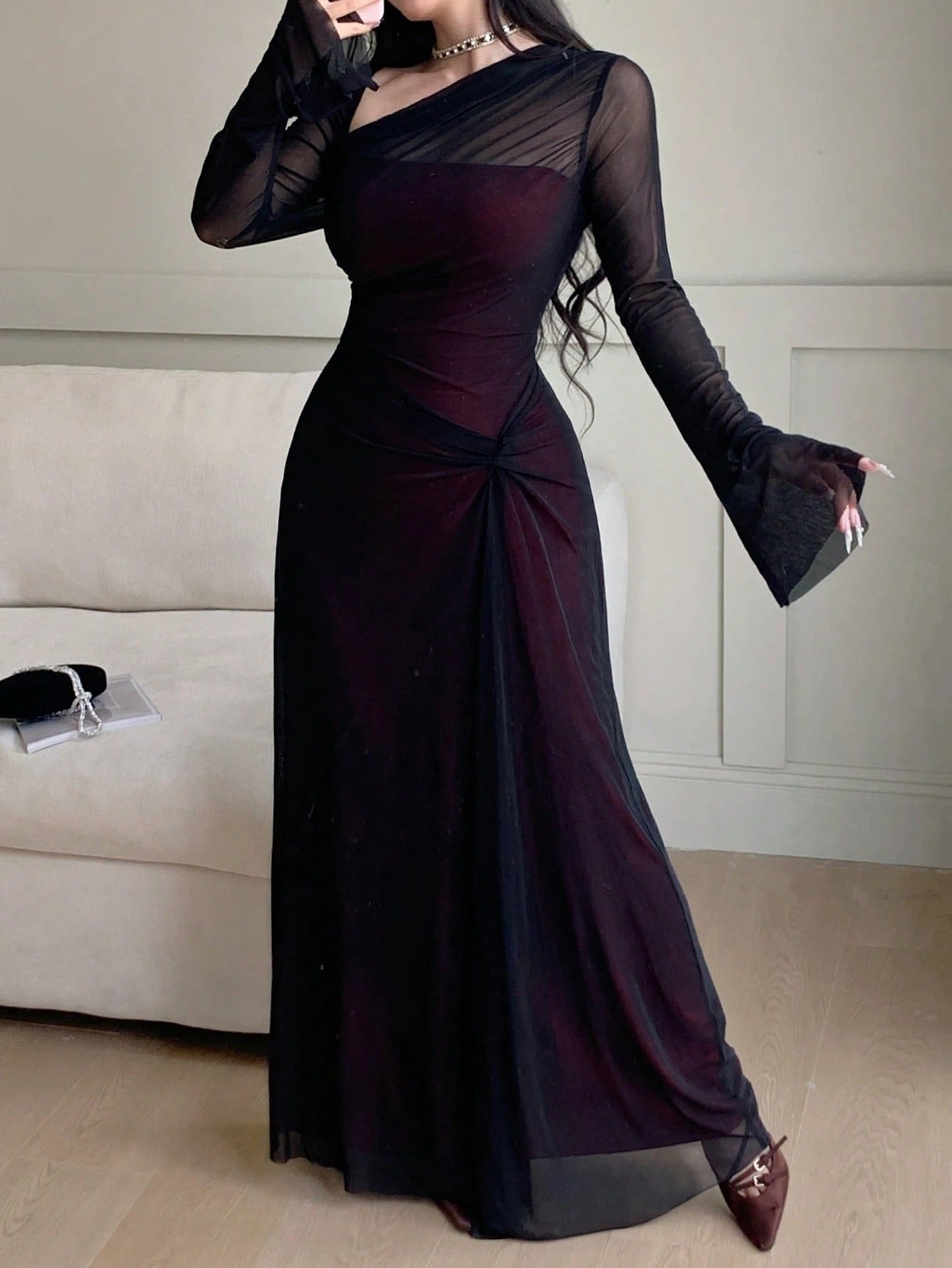 SHEIN Feyla فستان نسائي بأكمام واسعة وياقة غير متماثلة