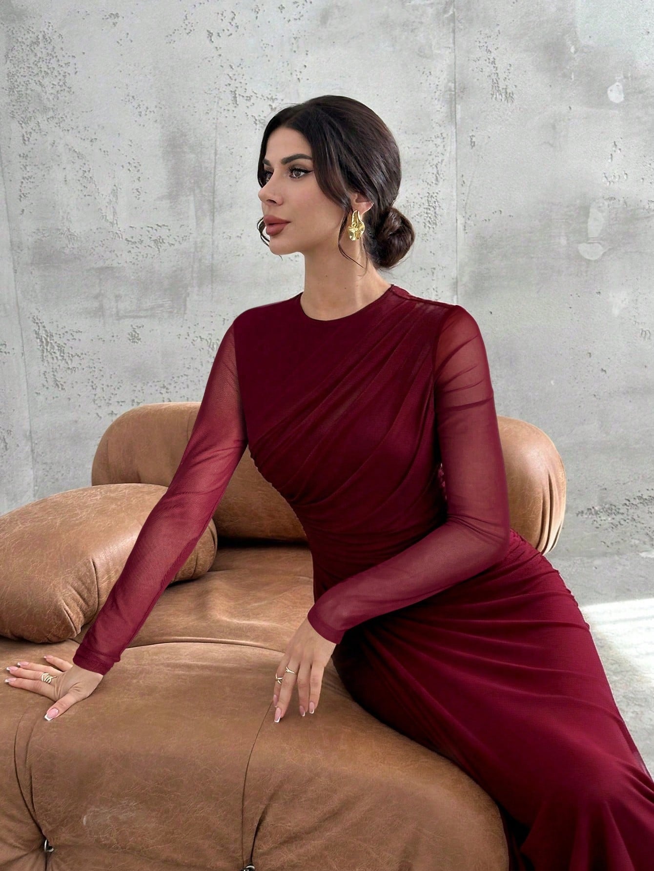 SHEIN Firerie فستان ماكسي عنابي بأكمام طويلة وياقة مستديرة