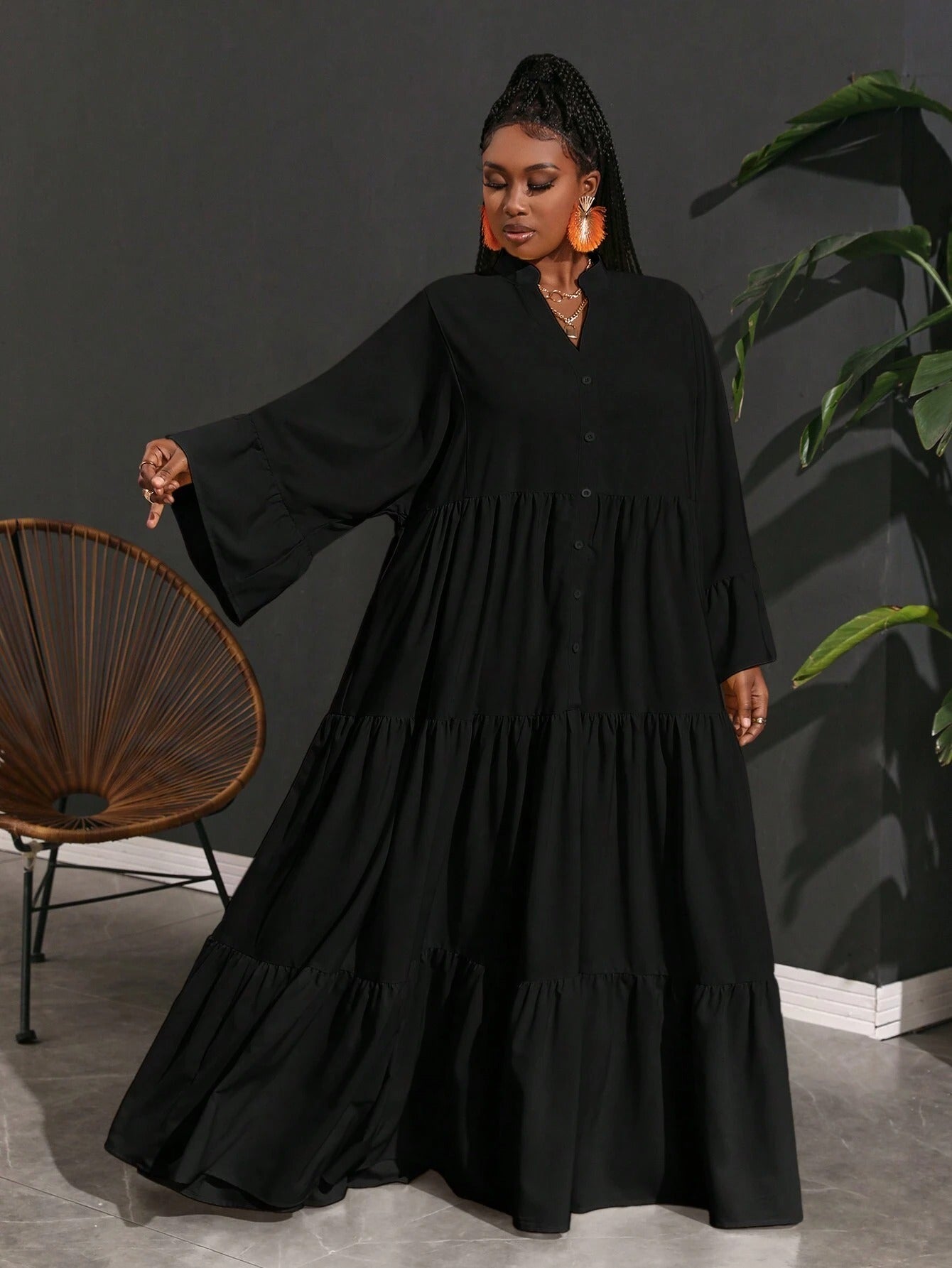 SHEIN Slaydiva فستان قميص شيفون A لاين مقاسات كبيرة