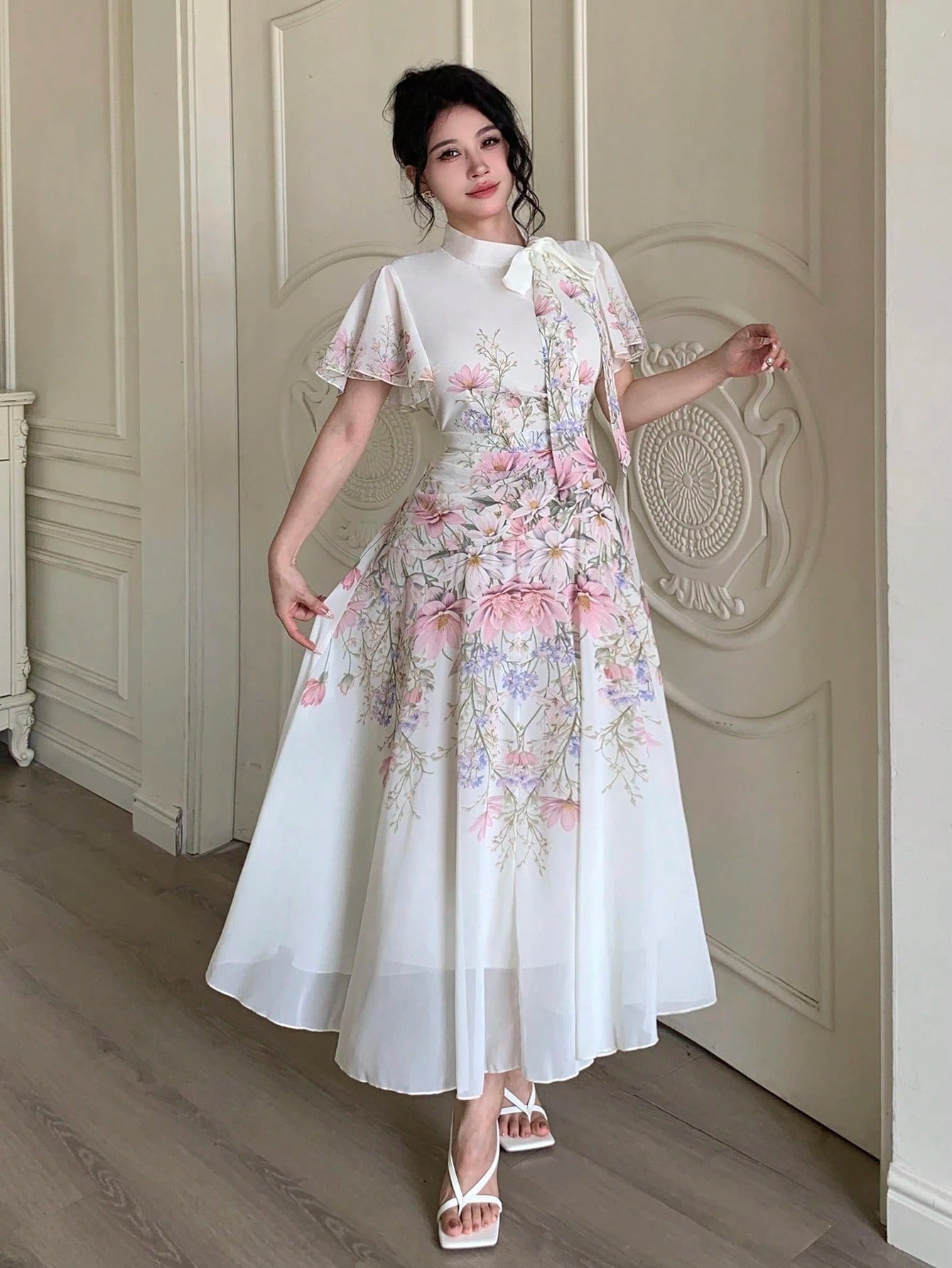 SHEIN Modelyn فستان نسائي مطبوع بخصر مربوط