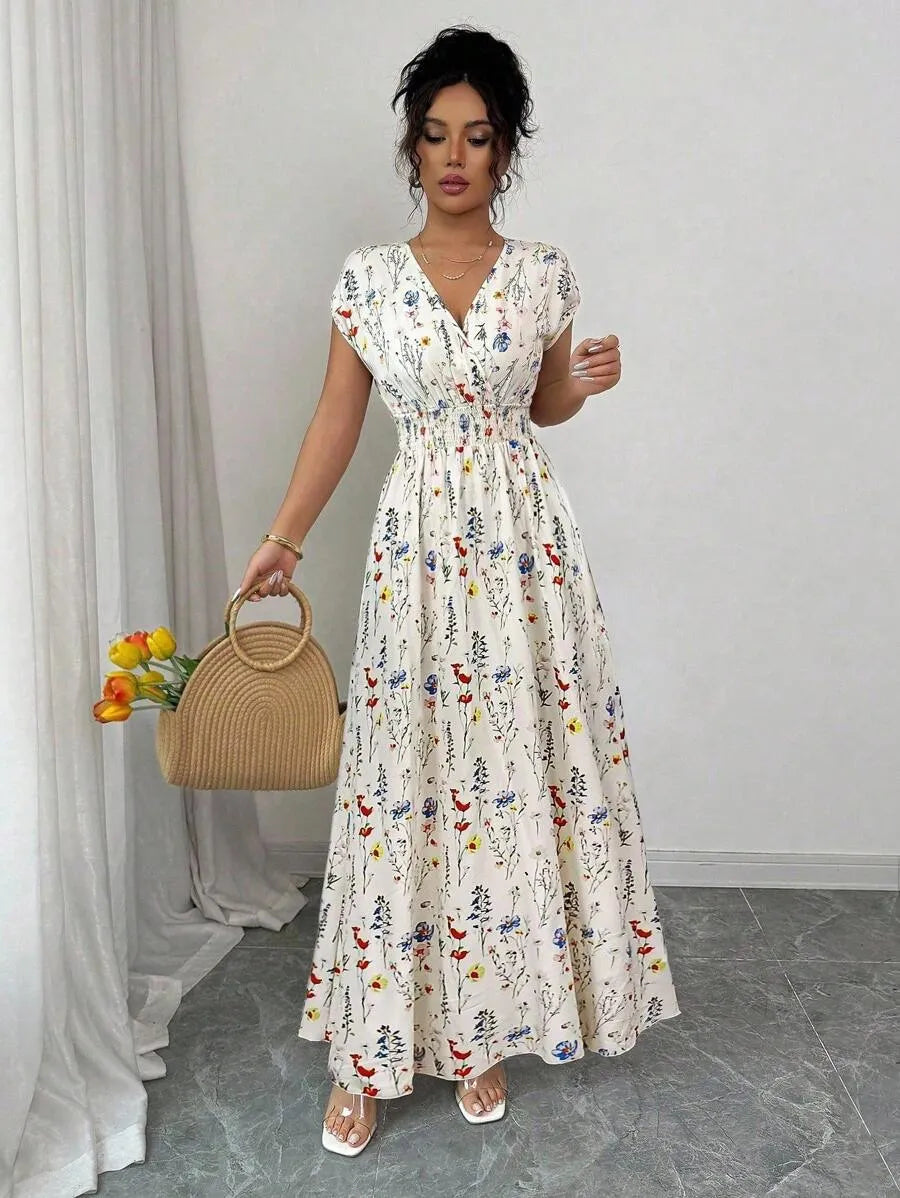 SHEIN Elenzga فستان ماكسي بياقة وأكمام بات وينج وخصر ملفوف متعدد الألوان