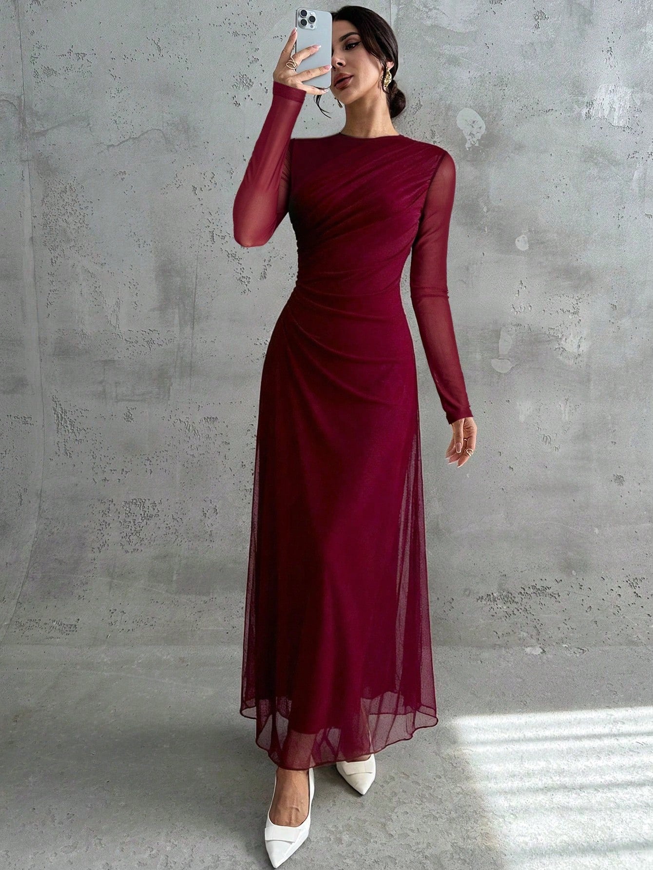 SHEIN Firerie فستان ماكسي عنابي بأكمام طويلة وياقة مستديرة