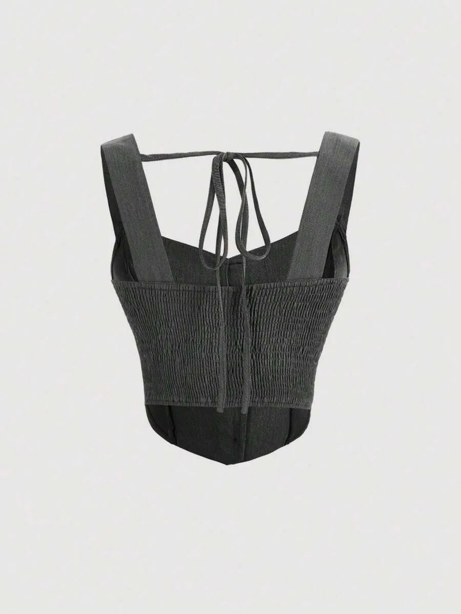 SHEIN MOD توب نسائي قصير بدون أكمام بكتف عريض ورباط خلفي بلون رمادي