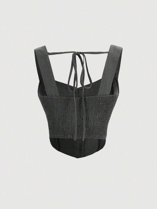 SHEIN MOD توب نسائي قصير بدون أكمام بكتف عريض ورباط خلفي بلون رمادي