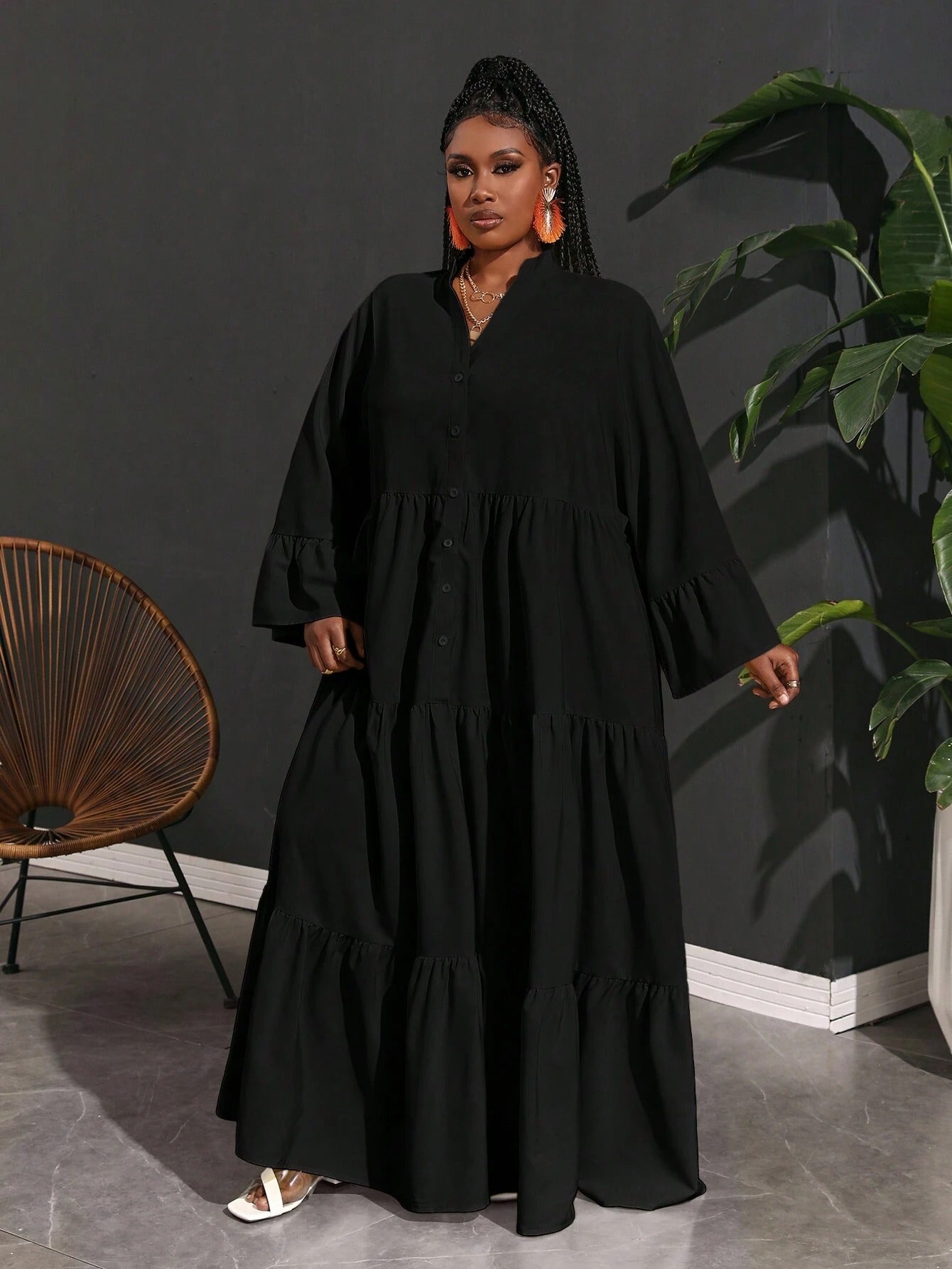 SHEIN Slaydiva فستان قميص شيفون A لاين مقاسات كبيرة