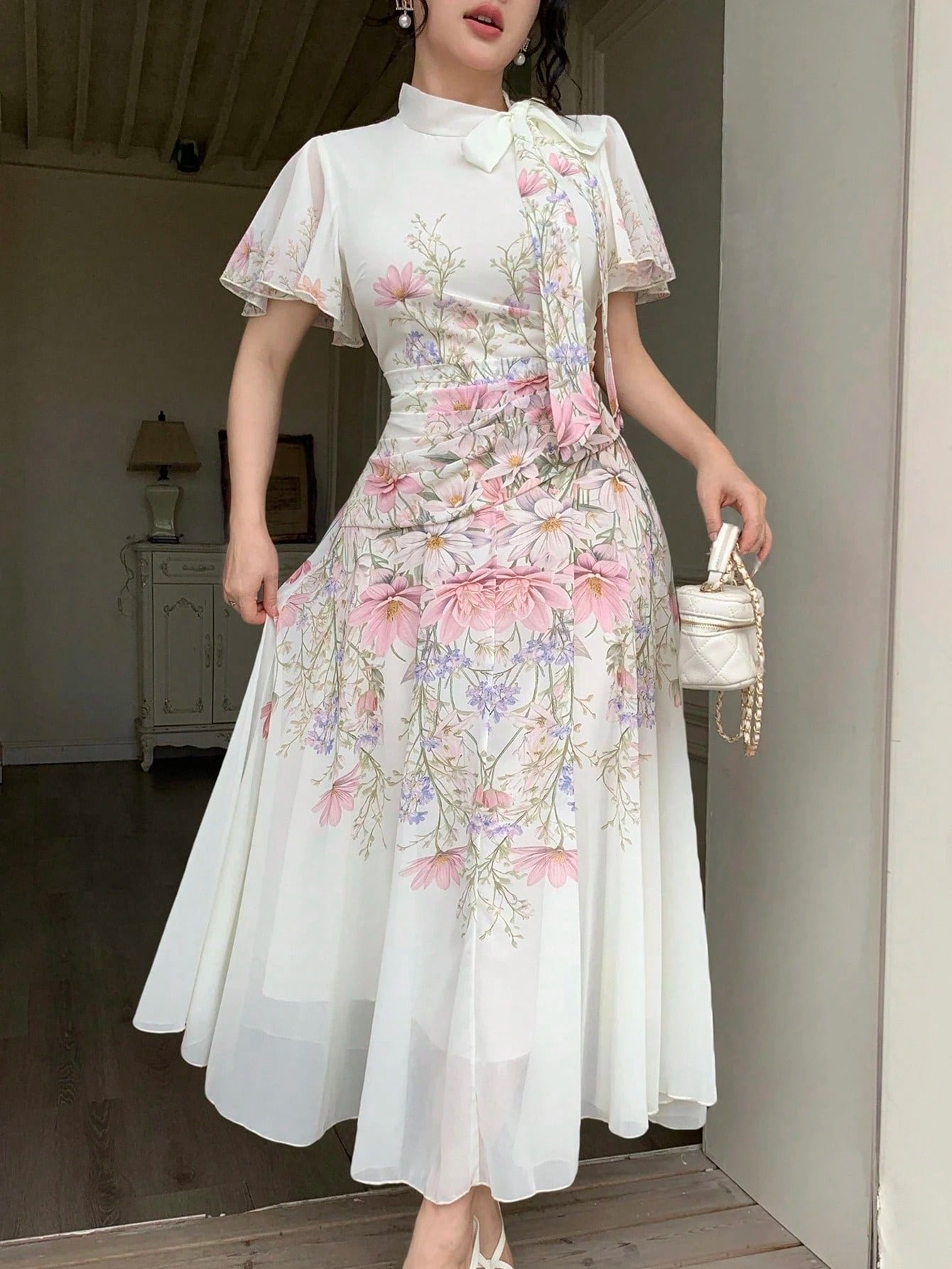SHEIN Modelyn فستان نسائي مطبوع بخصر مربوط