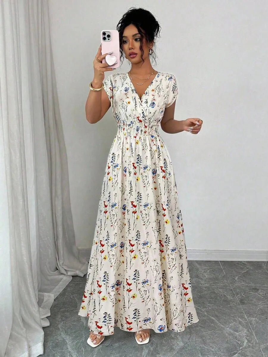 SHEIN Elenzga فستان ماكسي بياقة وأكمام بات وينج وخصر ملفوف متعدد الألوان