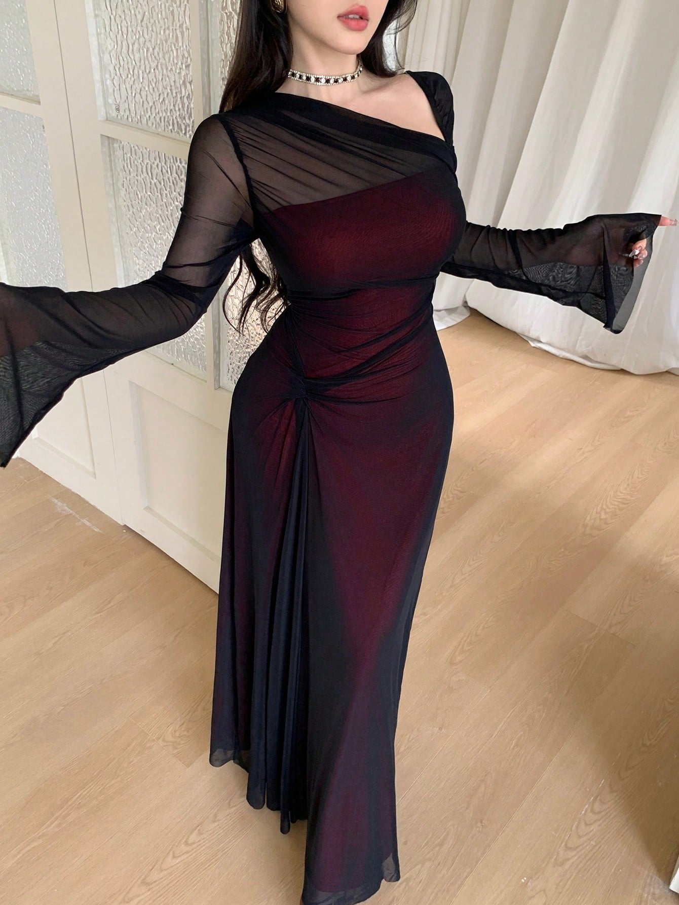 SHEIN Feyla فستان نسائي بأكمام واسعة وياقة غير متماثلة