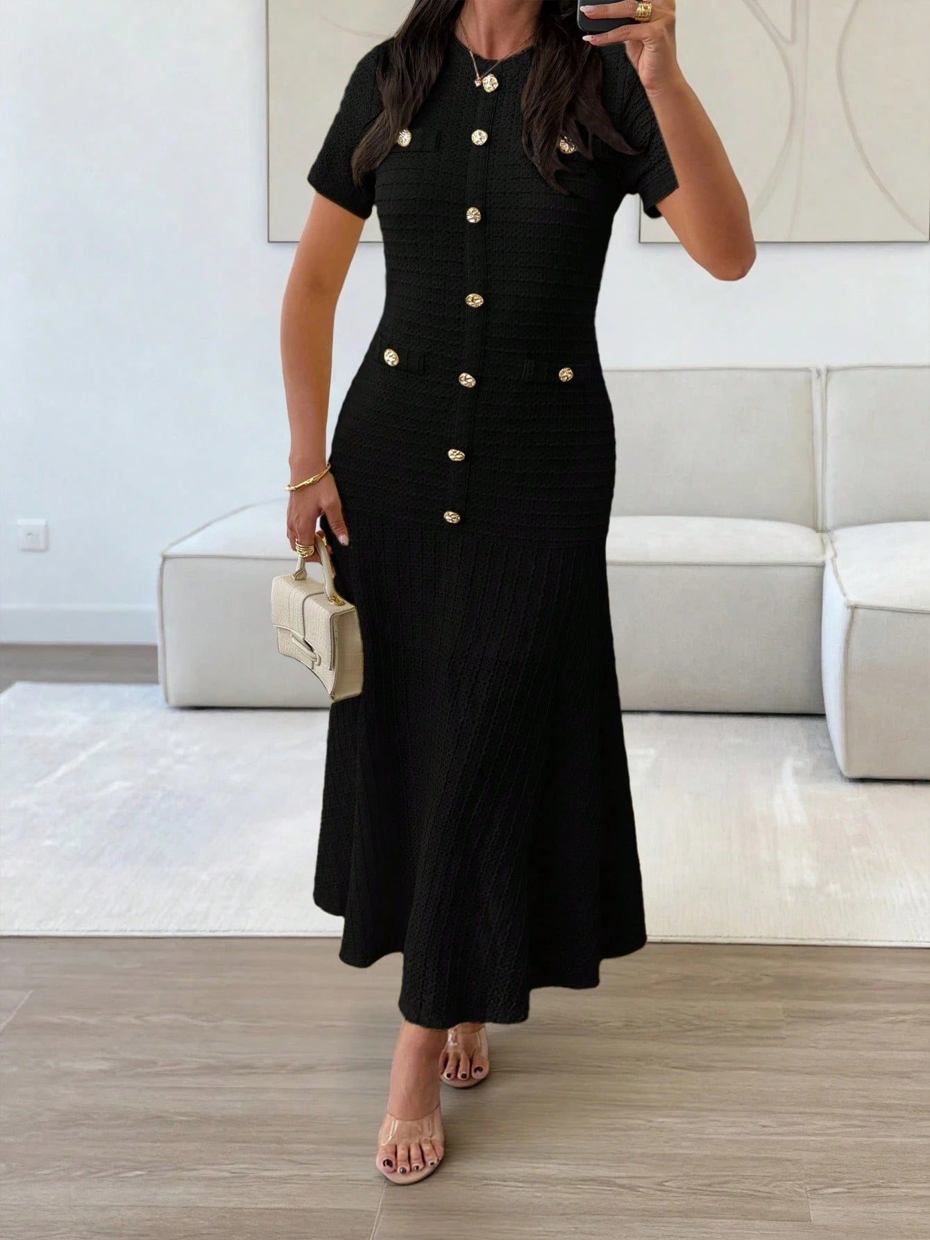 SHEIN فستان ربيعي بياقة مستديرة وأكمام قصيرة مزين بأزرار وجيوب