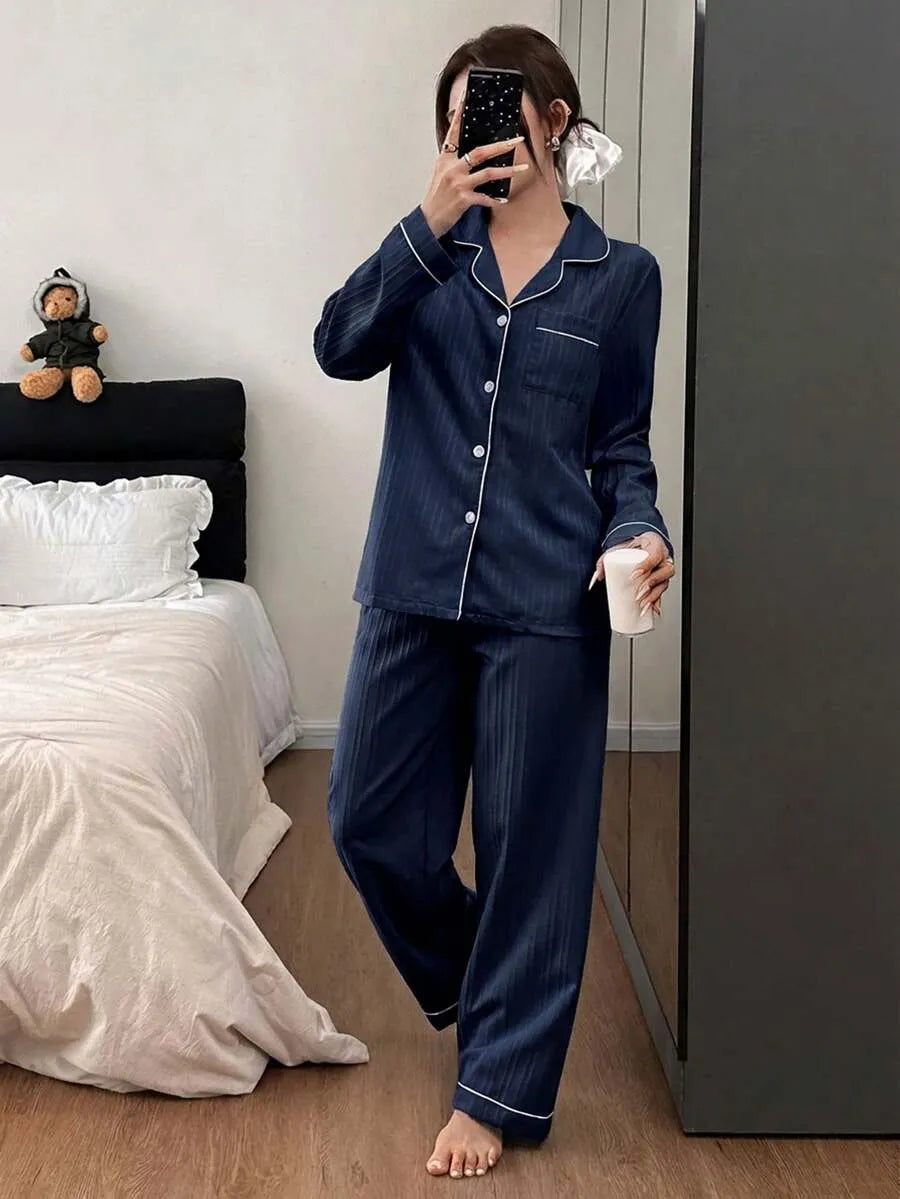 SHEIN Dream Adore طقم بيجامة قطعتين كارديجان وبنطلون طويل أمامية بلون أزرق بحر