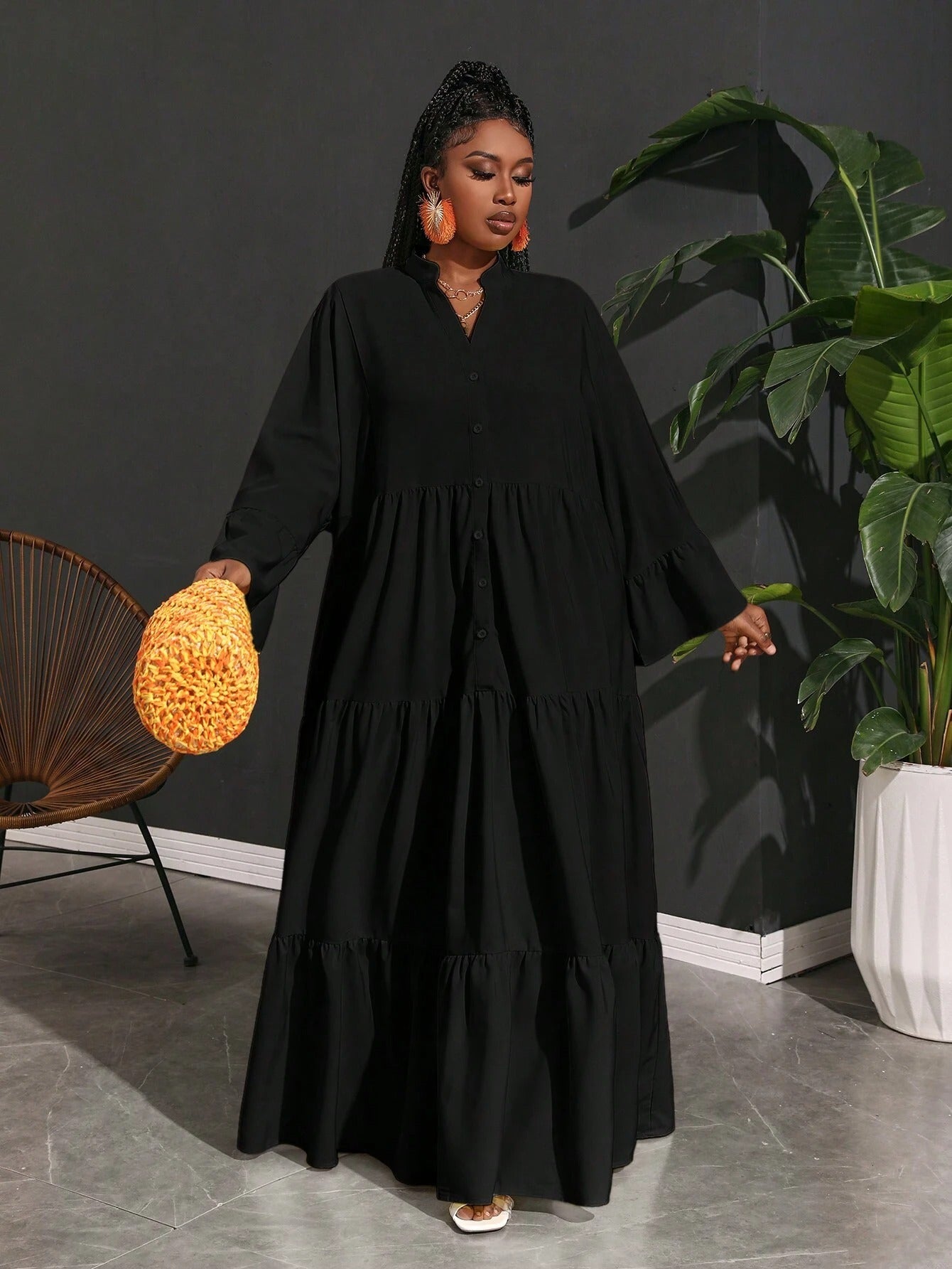 SHEIN Slaydiva فستان قميص شيفون A لاين مقاسات كبيرة