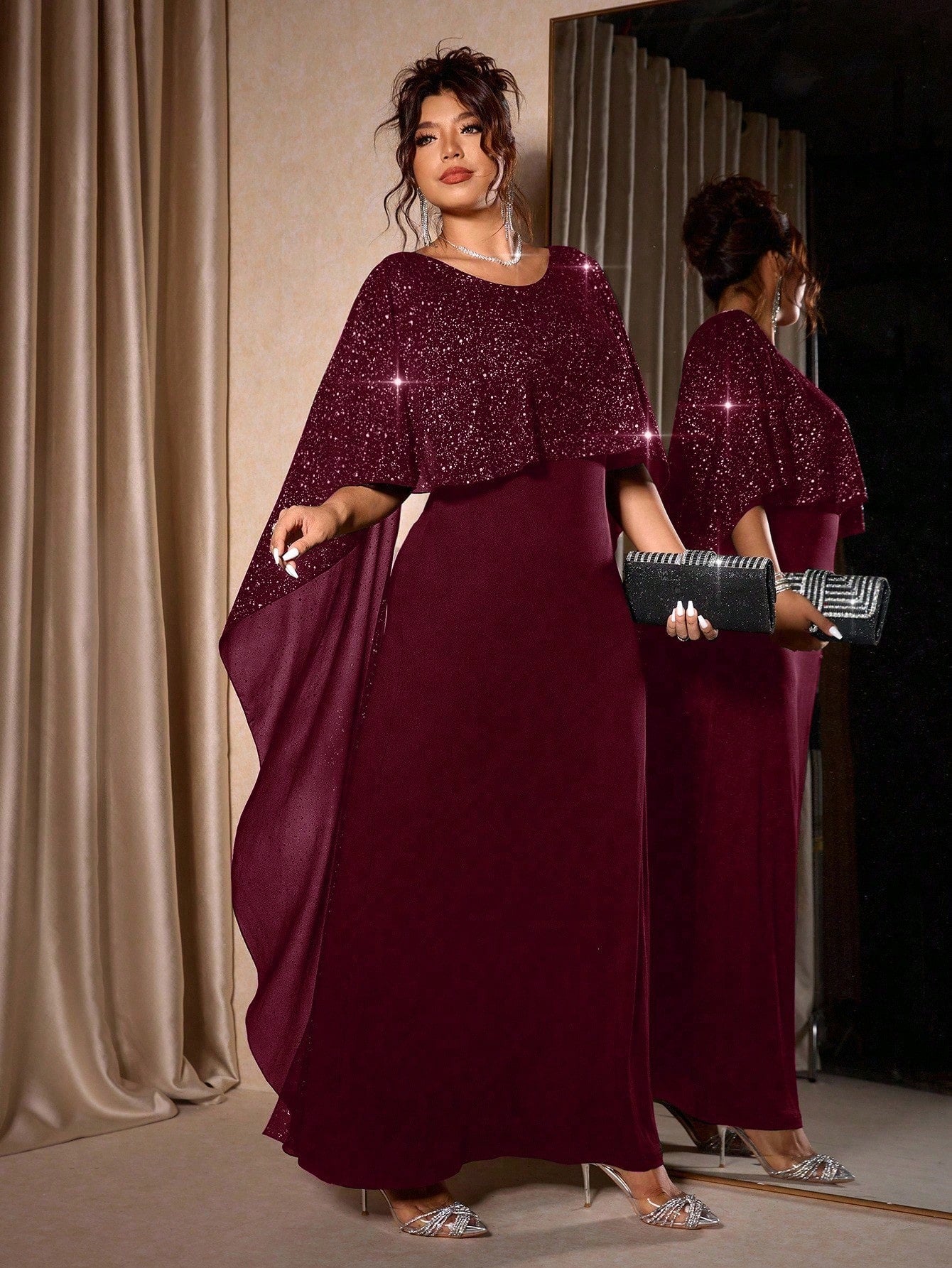 SHEIN Cravure فستان حفلة شيفون لامع بياقة دائرية مقاسات كبيرة