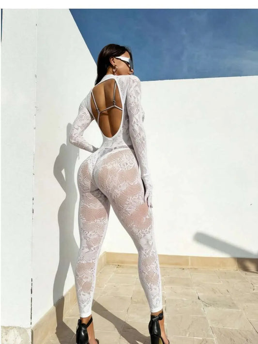 SHEIN جمبسوت لانجري نسائي طويل الأكمام مفرغ وشفاف بياقة عالية بلون أبيض